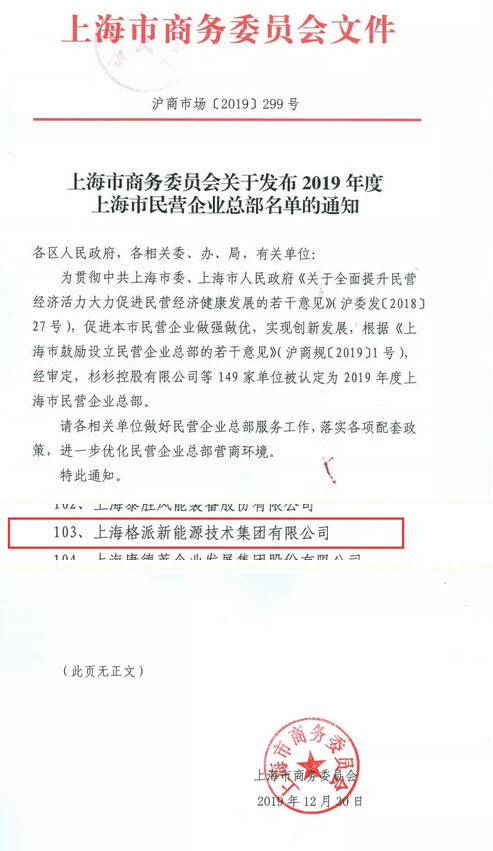 喜報(bào)！格派集團(tuán)被評(píng)為上海民營(yíng)企業(yè)總部